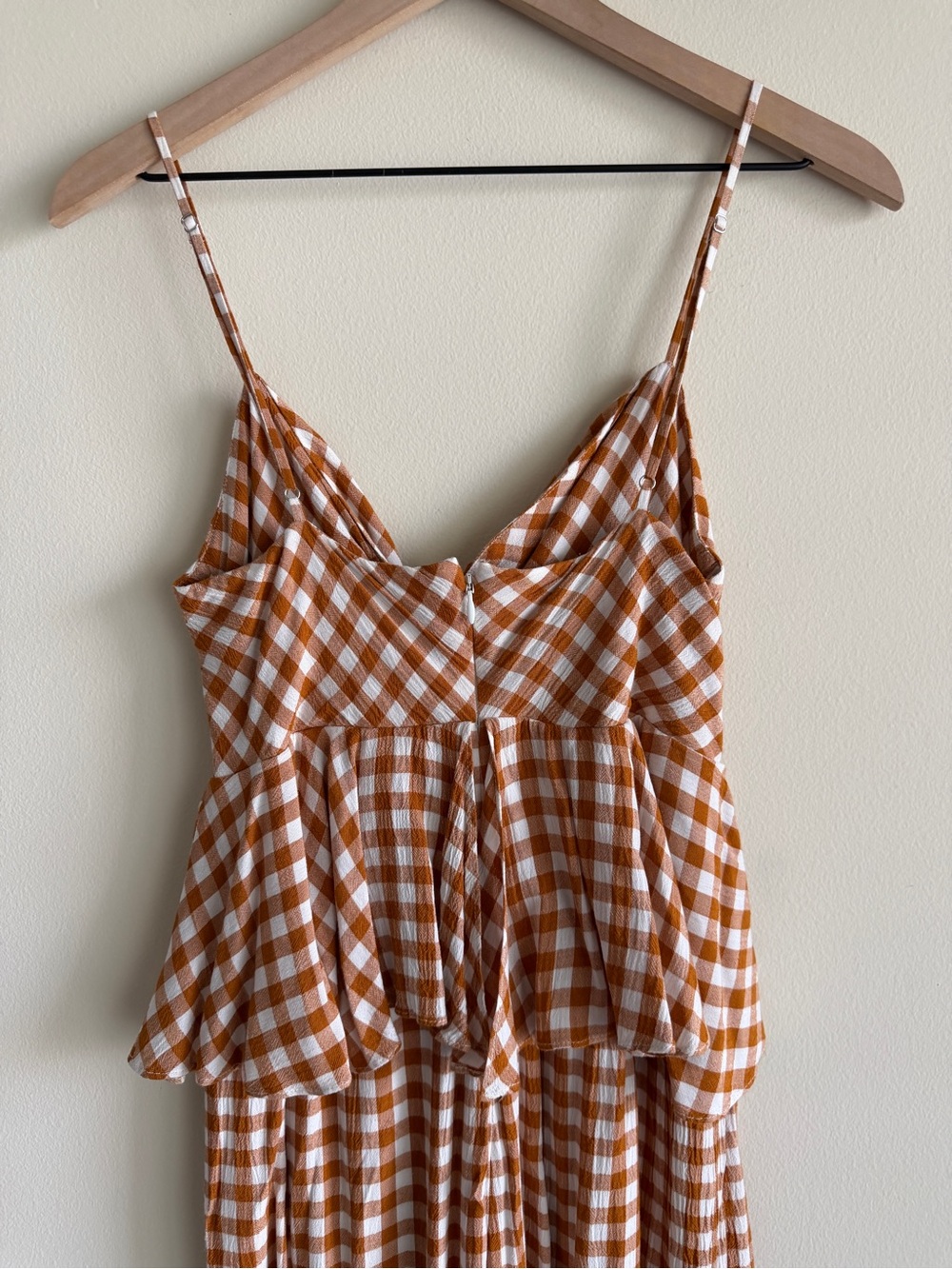 Saylor x Anthropologie Laken Gingham Ruffle Jumpsuit Apricot White Small - Picture 7 of 13